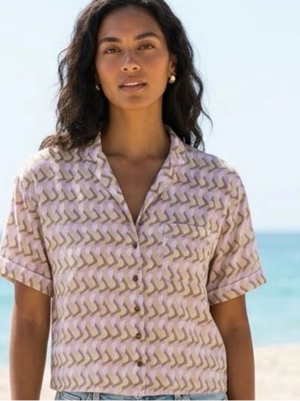 Women's prAna Iguala Cropped Button Down Camp Shirt Pink Willow Retro Medium